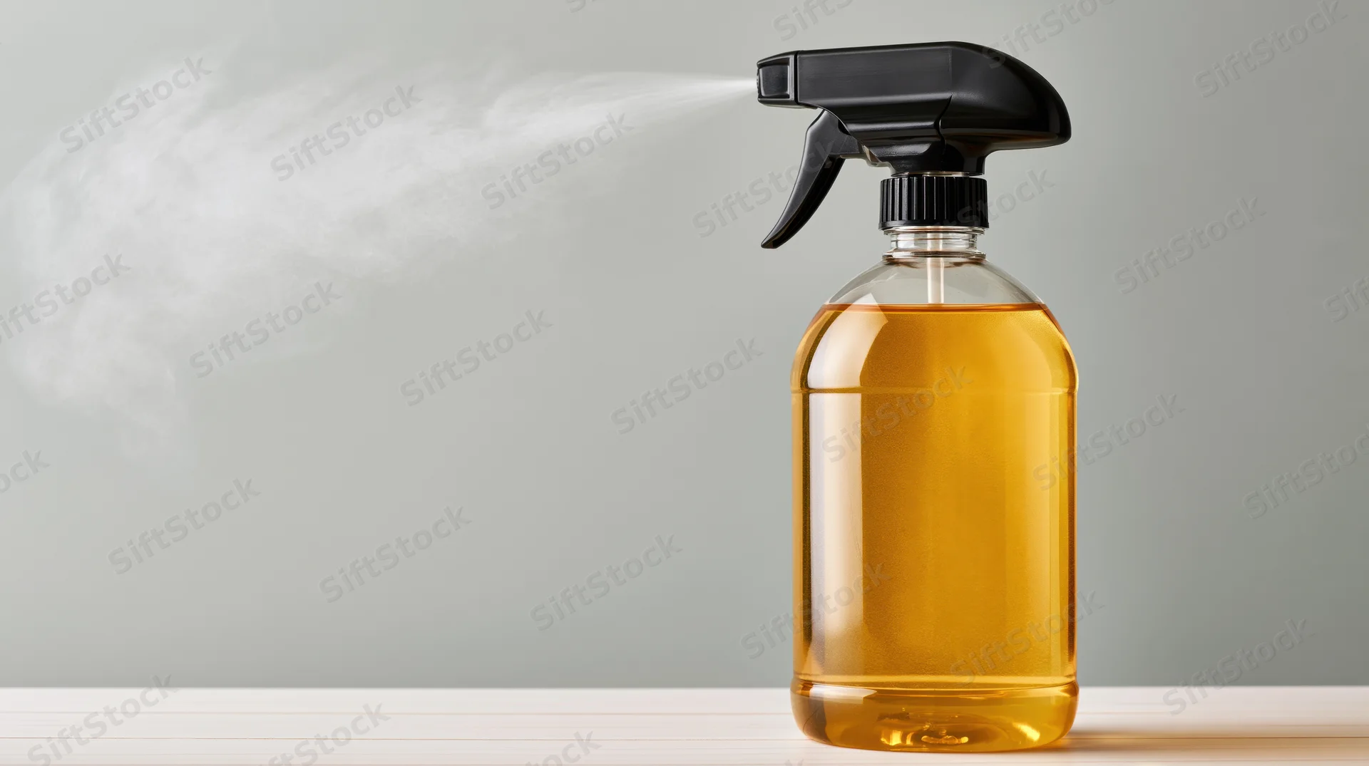 Clear plastic spray bottle with amber liquid spraying mist on a white surface against a gray background