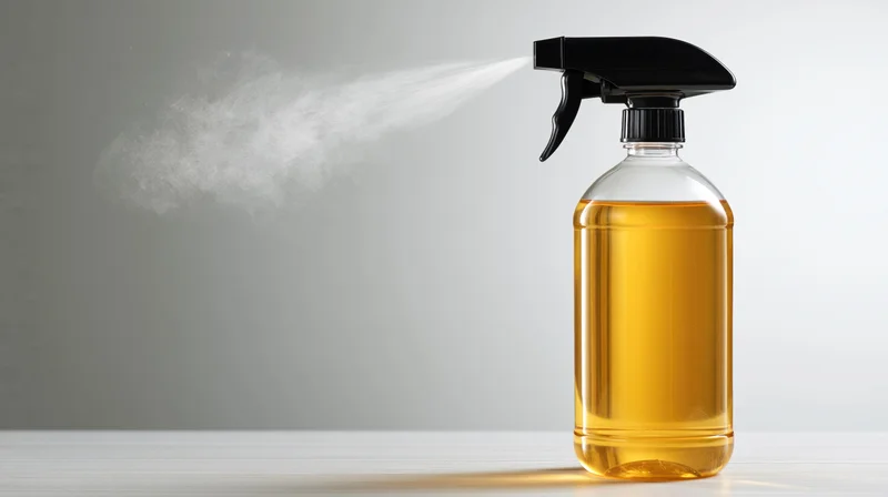 Clear plastic spray bottle with amber liquid spraying mist on a white surface against a gray background