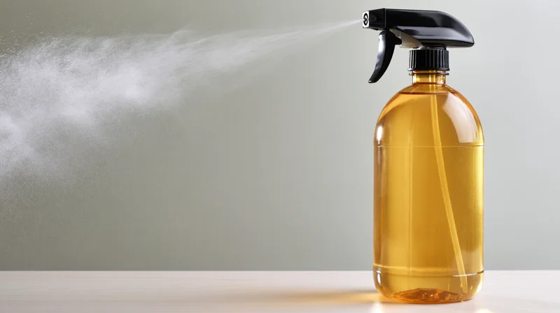Clear plastic spray bottle with amber liquid spraying mist on a white surface against a gray background