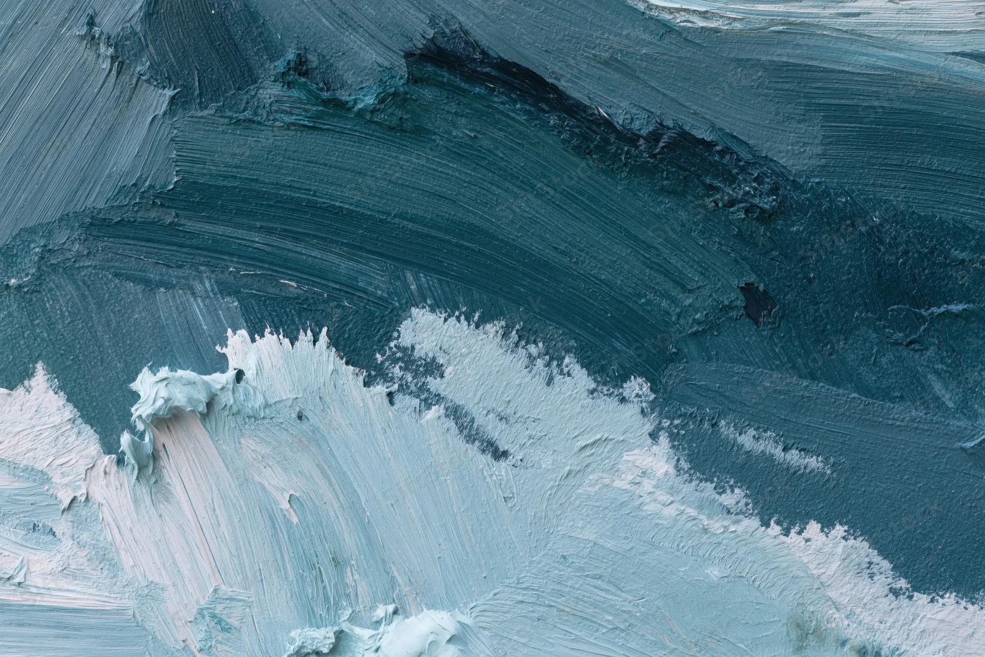 Close-up of abstract oil painting surface with thick blue and white brushstrokes forming wave-like texture