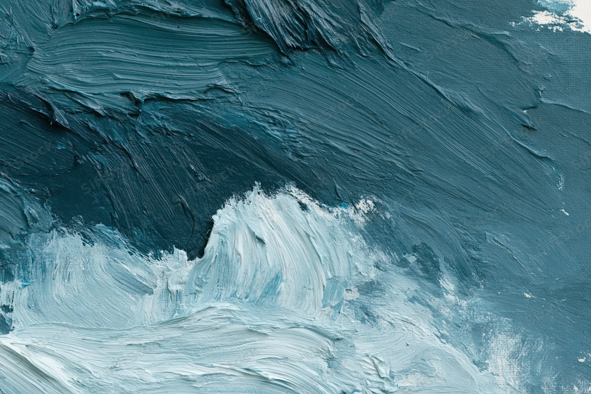 Abstract oil painting of turbulent ocean waves with thick impasto texture in blue and white, flat lay closeup