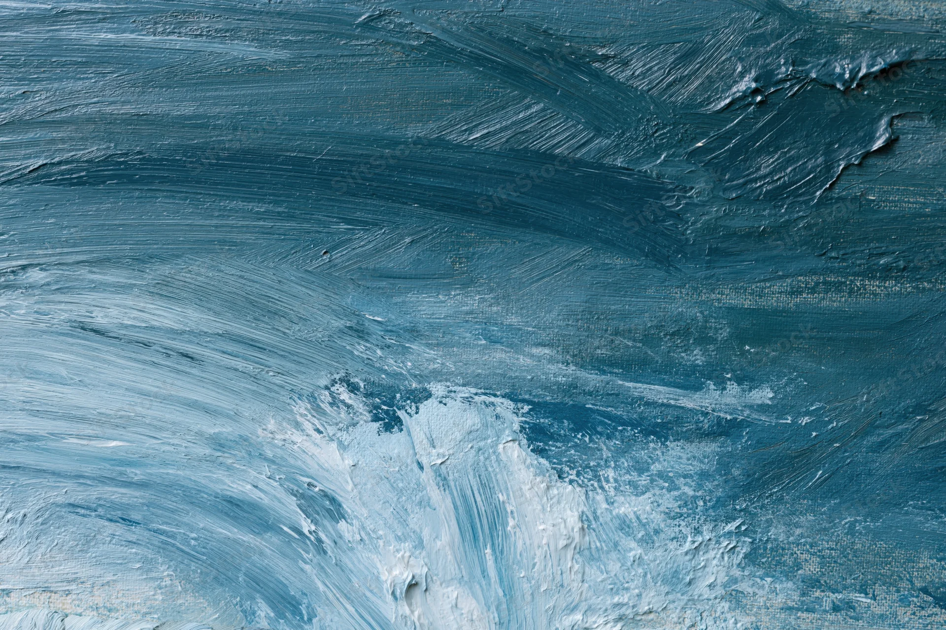 Close-up of abstract oil painting surface with textured blue and white brushstrokes in dynamic wave pattern