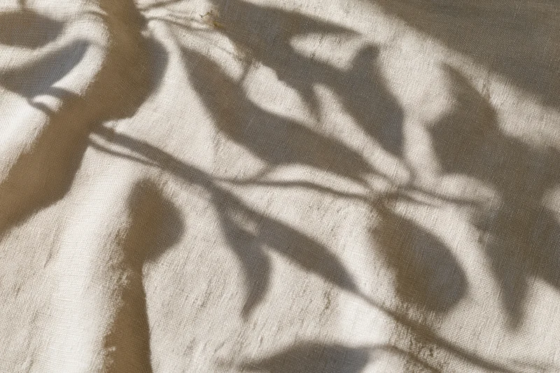 Natural linen fabric with leaf shadows in flat lay arrangement