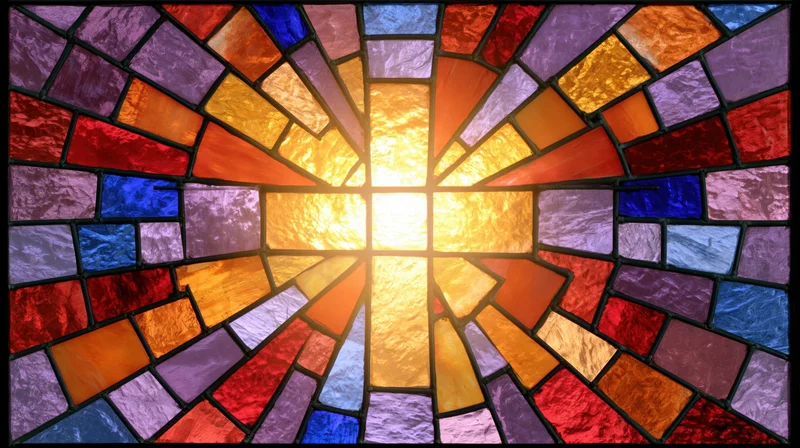 Close-up stained glass church window depicting sunlight