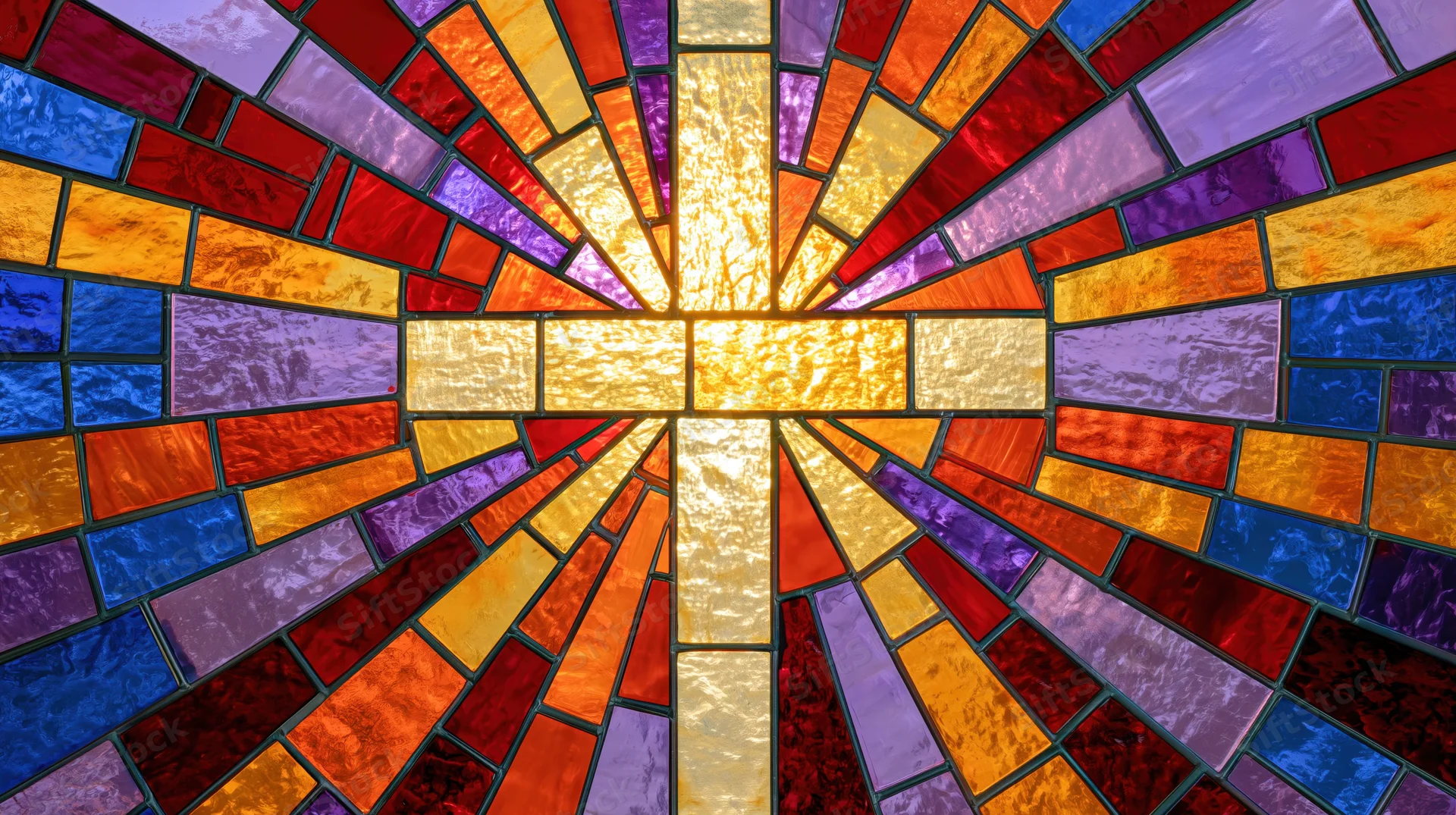 Stained glass window with a radiant cross at its center in a church interior