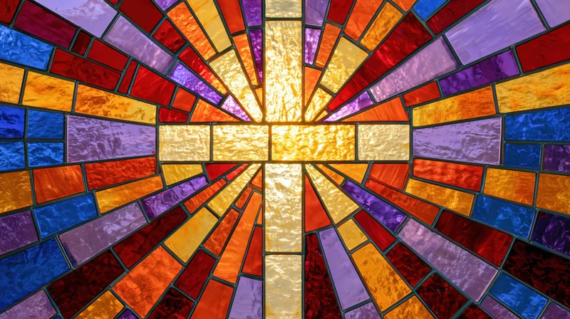 Stained glass window with a radiant cross at its center in a church interior