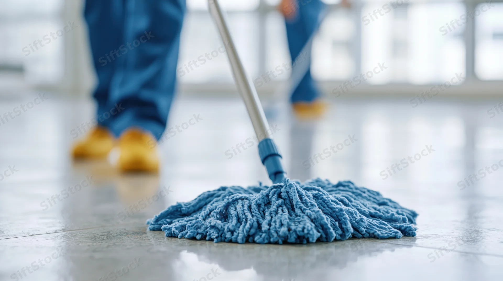 Blue microfiber mop head cleaning a polished tile floor in a commercial building interior