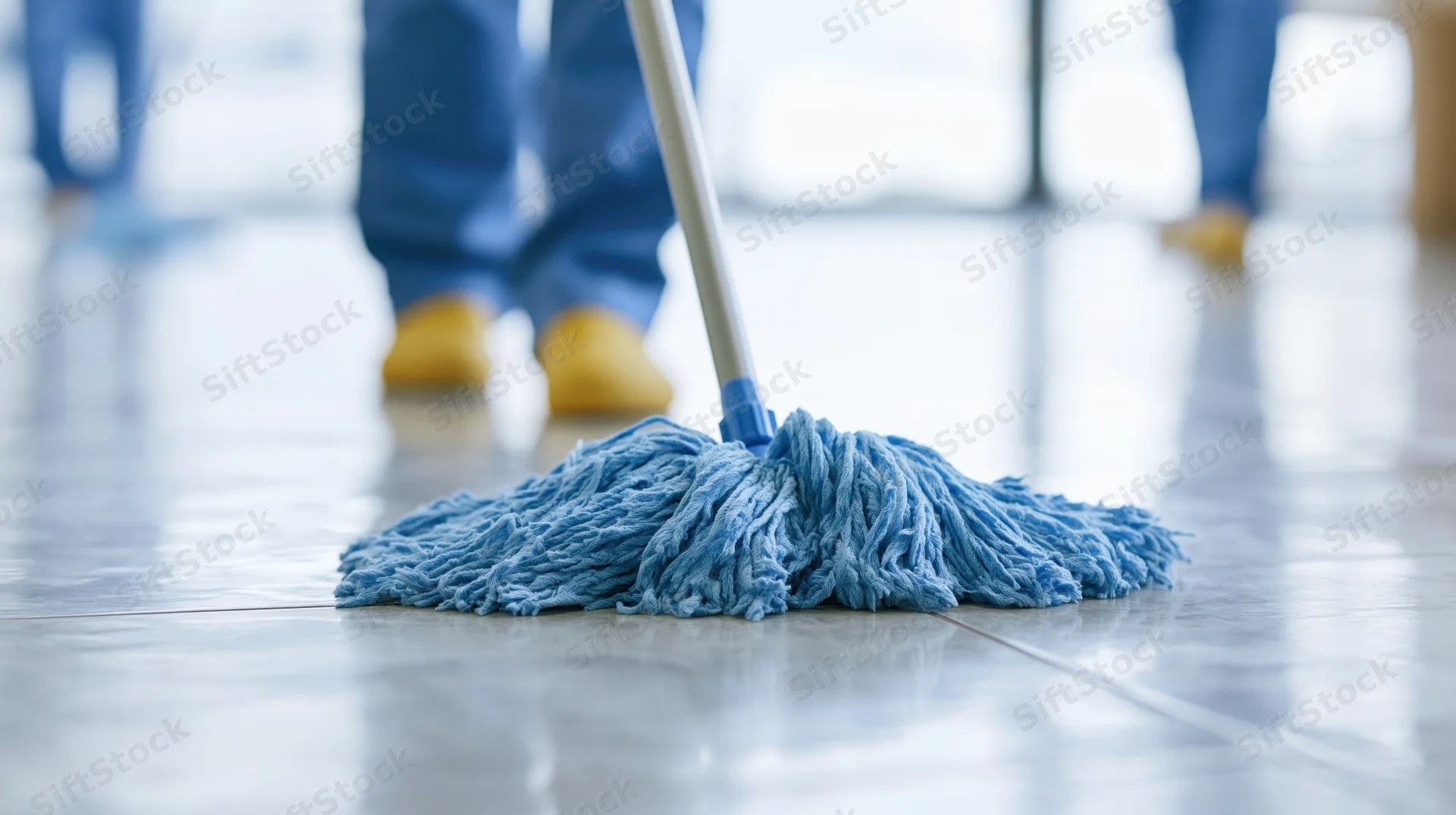 Blue microfiber mop head cleaning glossy tiled floor in commercial office space