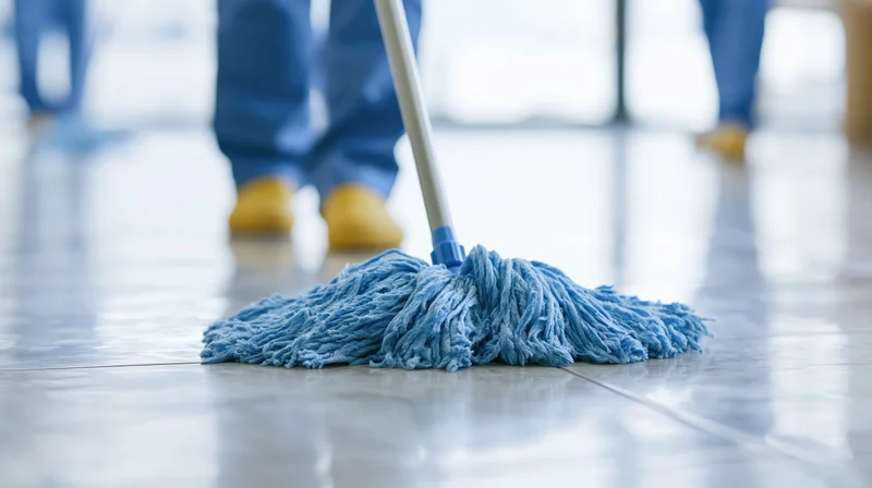 Blue microfiber mop head cleaning glossy tiled floor in commercial office space