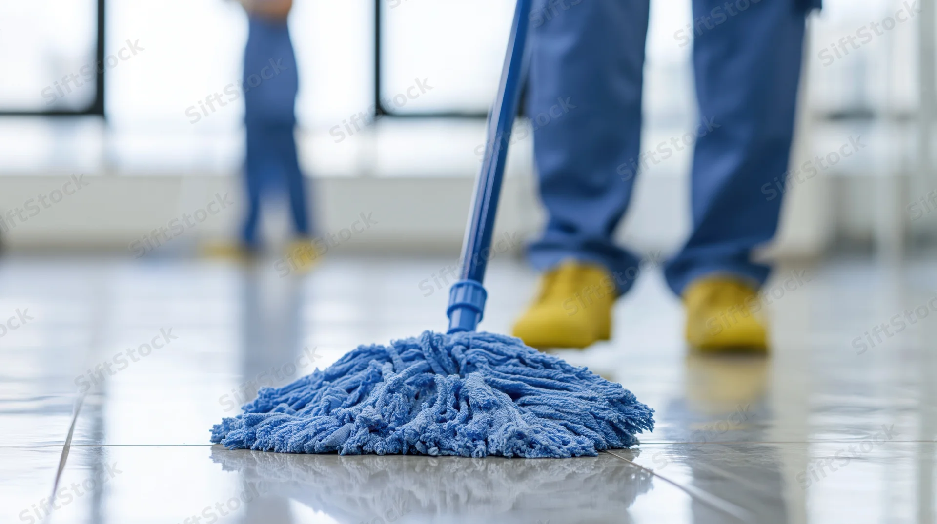 Blue microfiber mop head cleaning reflective tile floor in commercial office space