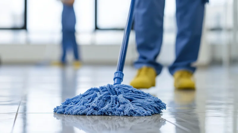 Blue microfiber mop head cleaning reflective tile floor in commercial office space