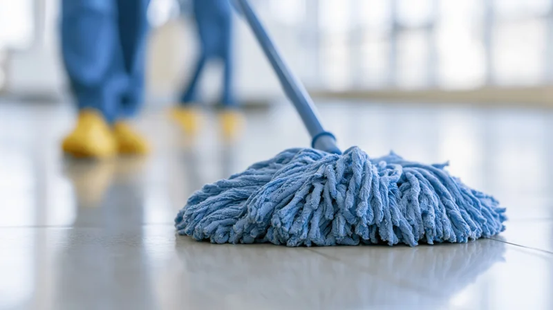 Blue microfiber mop head resting on polished tile floor with worker in yellow boots visible in background