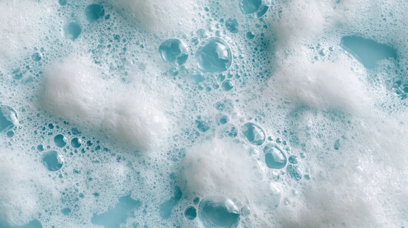 Close-up of white soapy foam and bubbles floating on a blue liquid surface