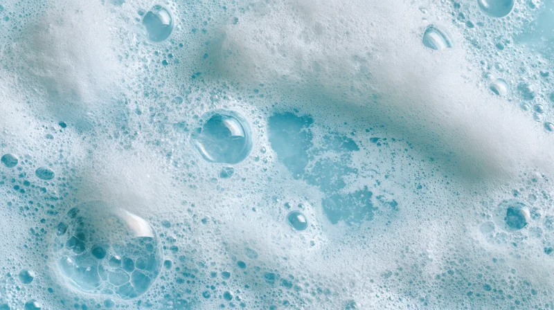 Close-up of white soapy foam and bubbles floating on a blue liquid surface