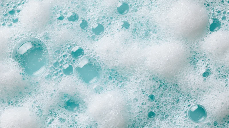 Close-up of white soapy foam and bubbles floating on a liquid surface