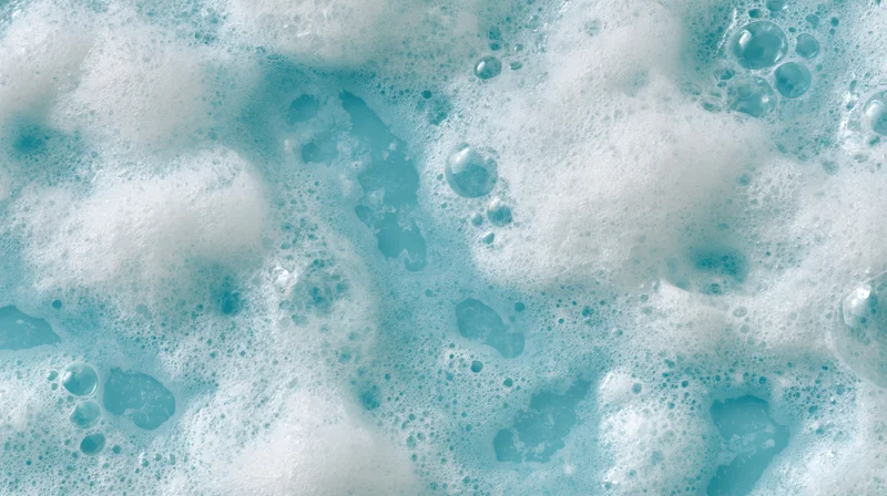 White soapy foam and bubbles floating on blue liquid surface in close-up macro view