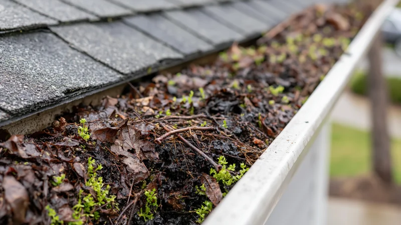 Clogged residential rain gutter filled with wet leaves and moss along roof edge