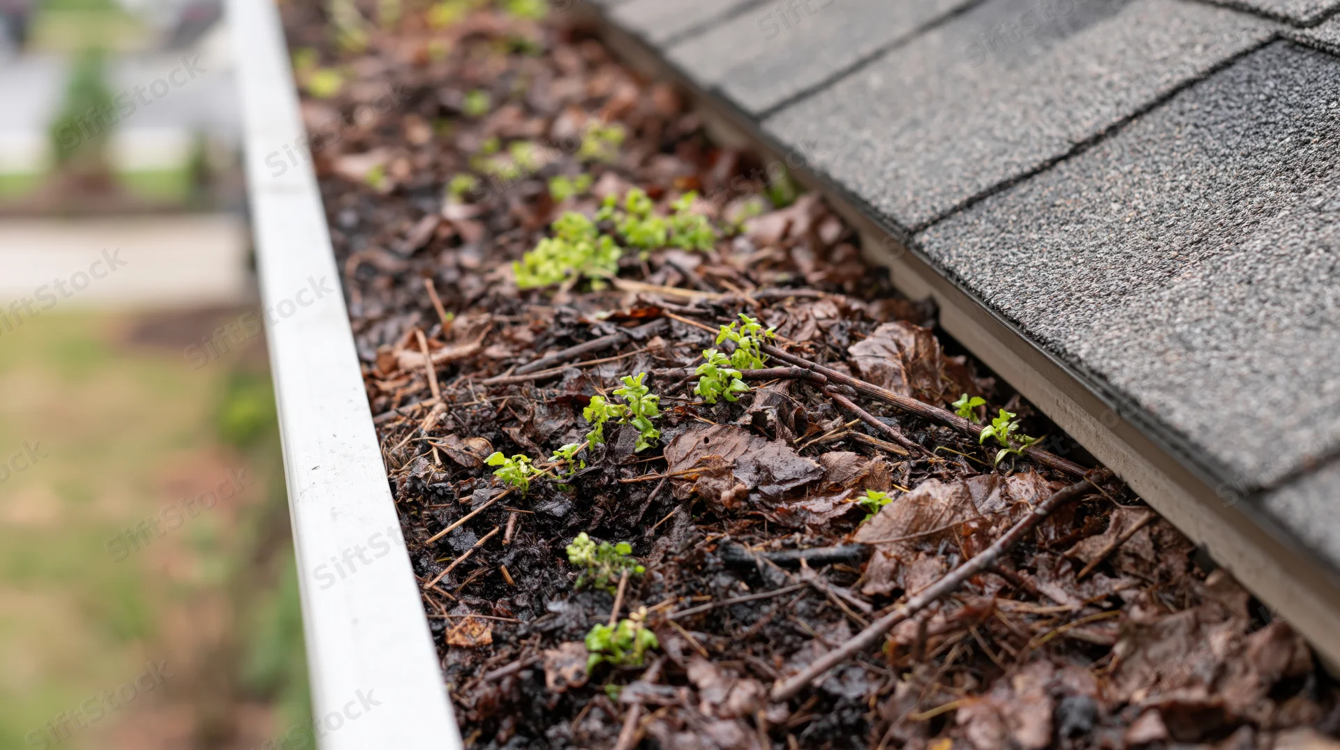 Clogged residential rain gutter filled with wet leaves and small green plants along roof edge