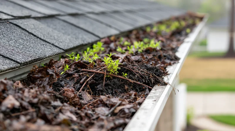 Clogged residential rain gutter filled with wet leaves and green sprouts along roof edge