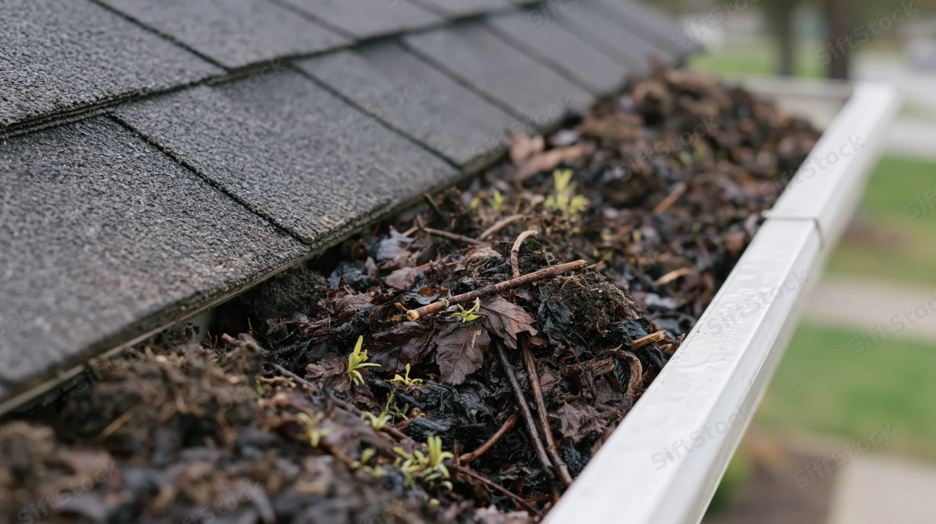 Clogged residential rain gutter filled with wet leaves and debris along a shingled roof edge