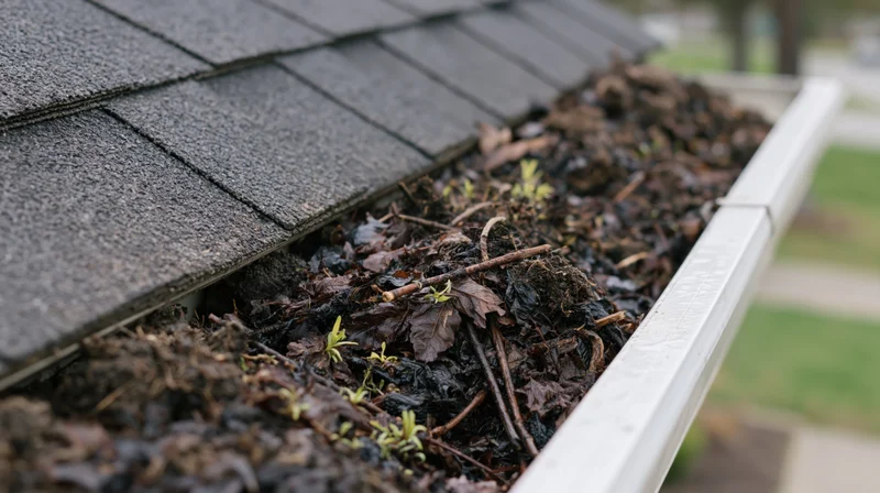 Clogged residential rain gutter filled with wet leaves and debris along a shingled roof edge