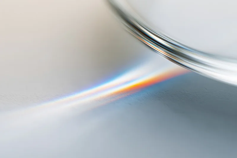 Close-up of a glass lens edge casting a rainbow spectrum on a smooth surface