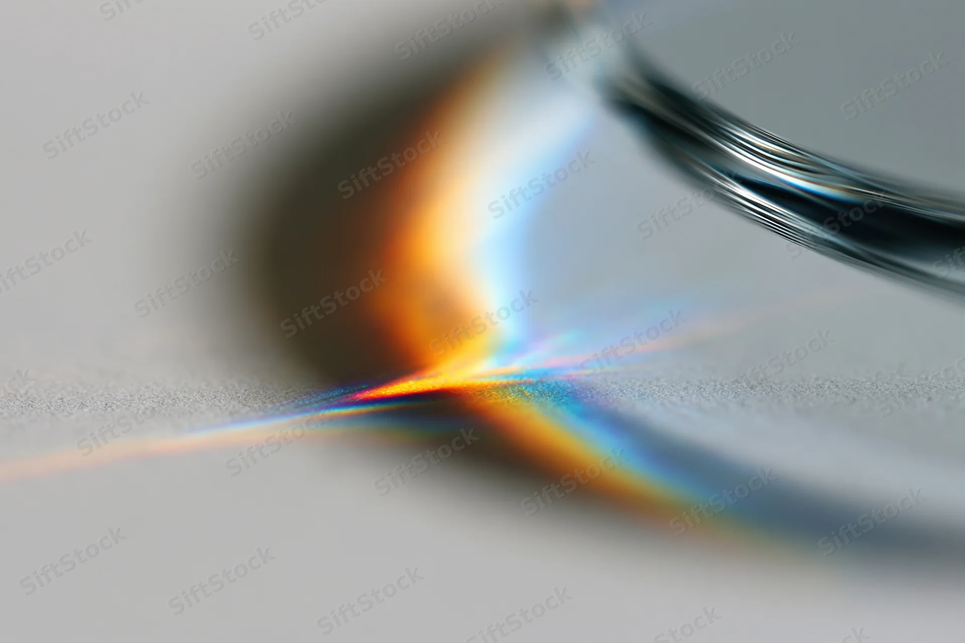 Close-up of a glass prism edge refracting light into a rainbow spectrum on a smooth surface