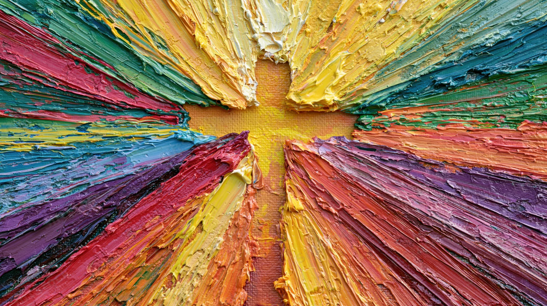 Thick impasto oil painting with vibrant multicolored brushstrokes radiating from center on canvas