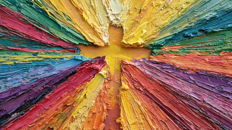 Thick impasto oil painting with vibrant multicolored brushstrokes radiating from center on canvas