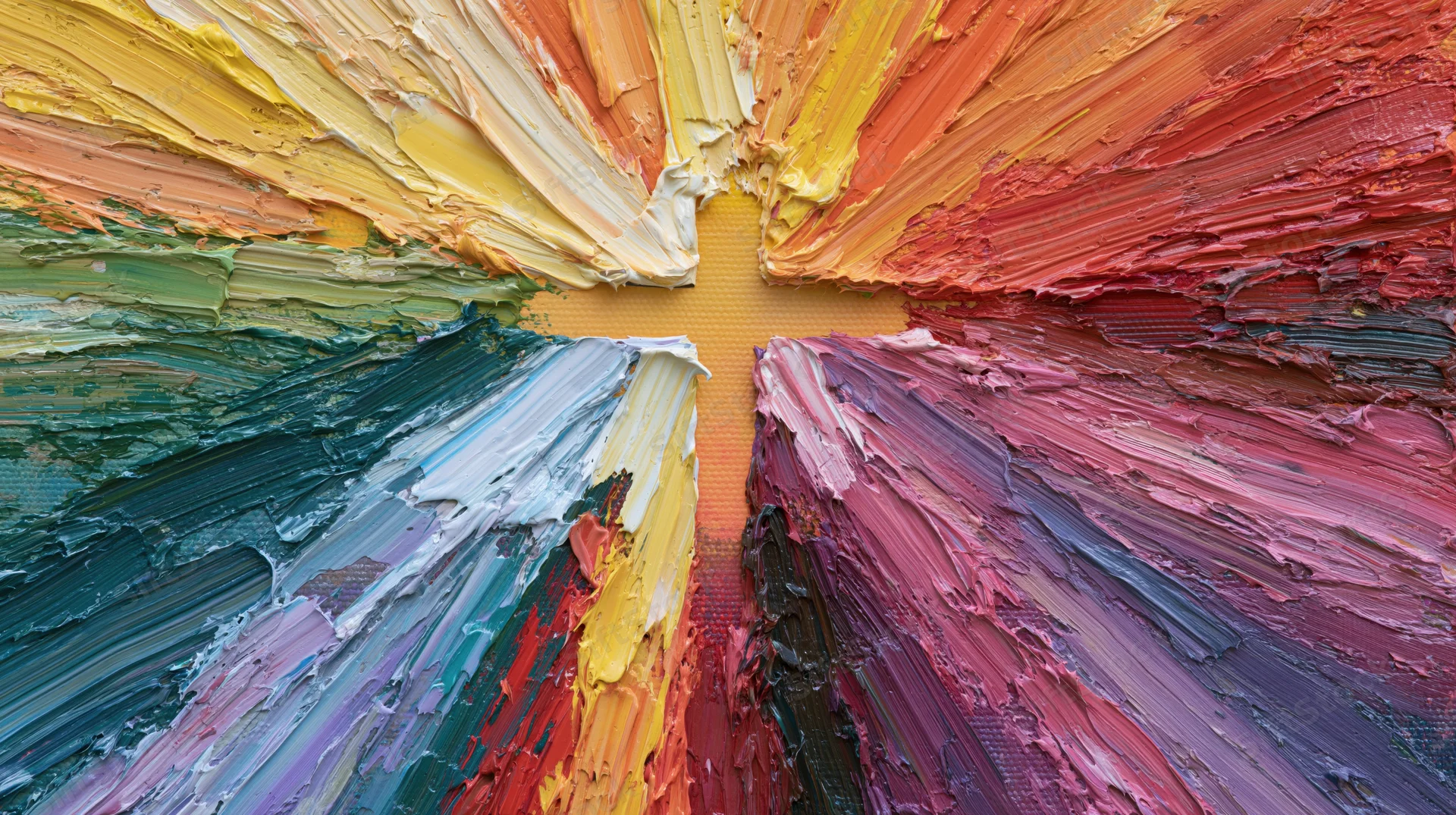 Thick impasto oil paint strokes radiating from center on canvas