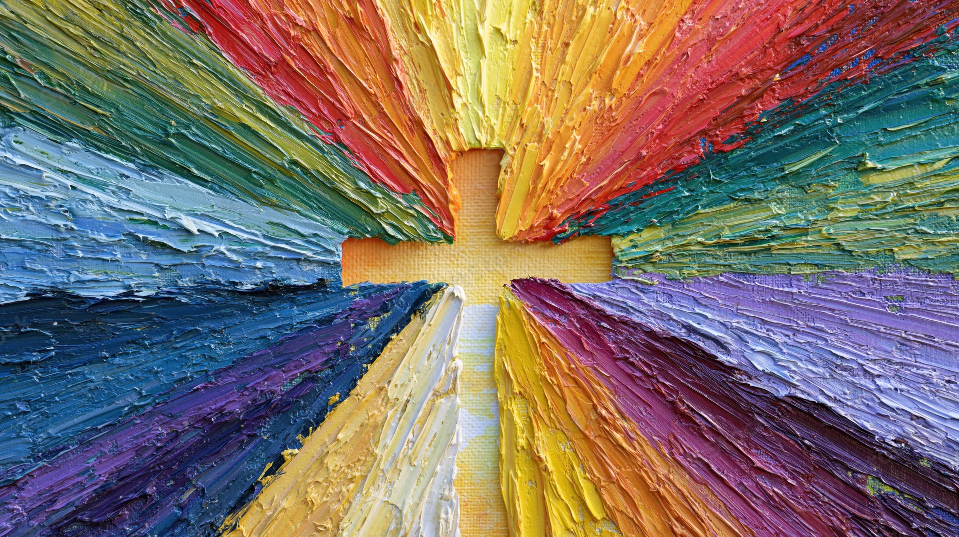Thick impasto oil painting of a cross radiating rainbow colors on canvas