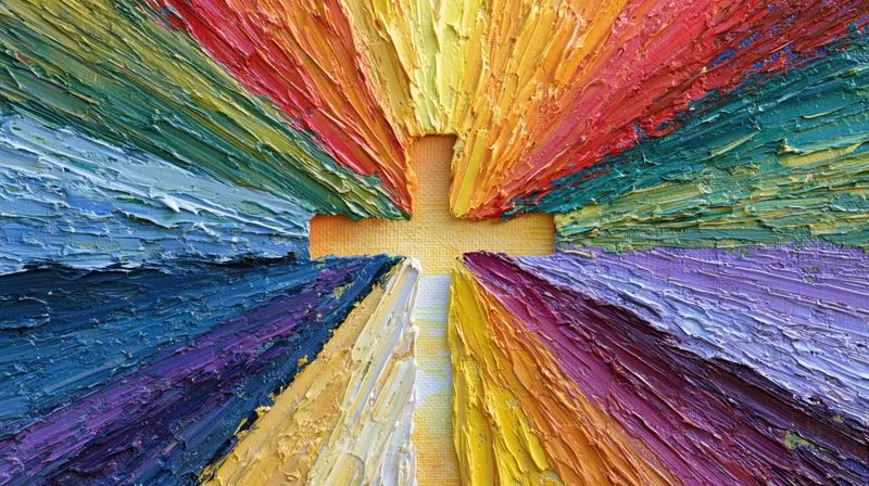 Thick impasto oil painting of a cross radiating rainbow colors on canvas