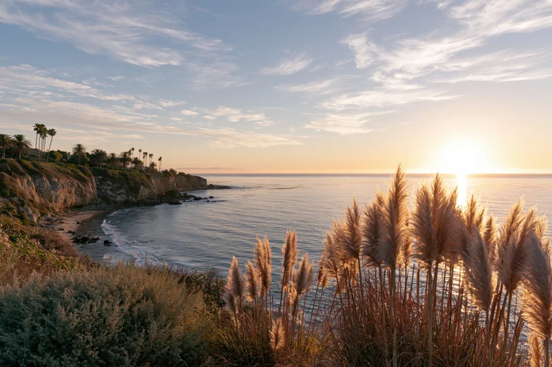 Pampasgrass swaying on a coastal bluff overlooking the calm Pacific Ocean at sunset