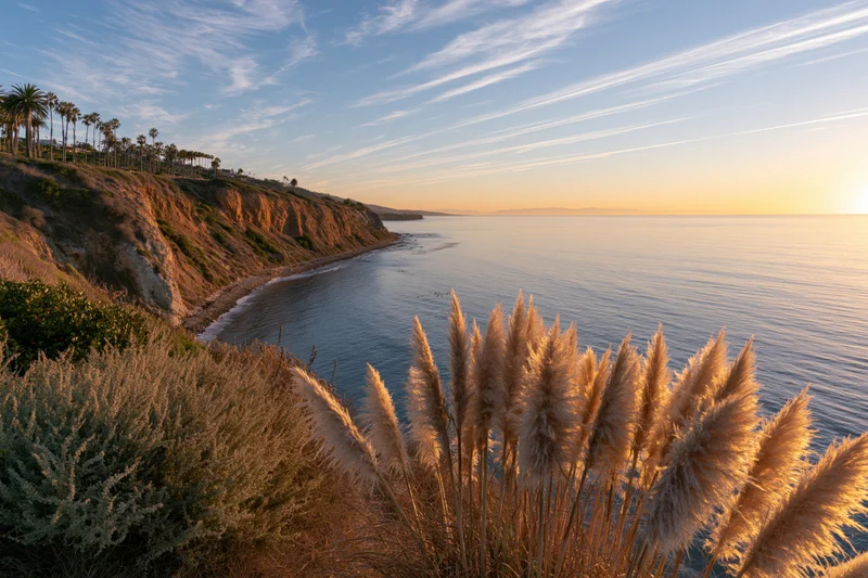 Pampas grass and palm trees on a coastal bluff overlooking the calm Pacific Ocean at sunset
