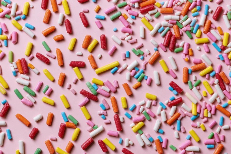 Colorful candy sprinkles scattered randomly across a flat pink surface