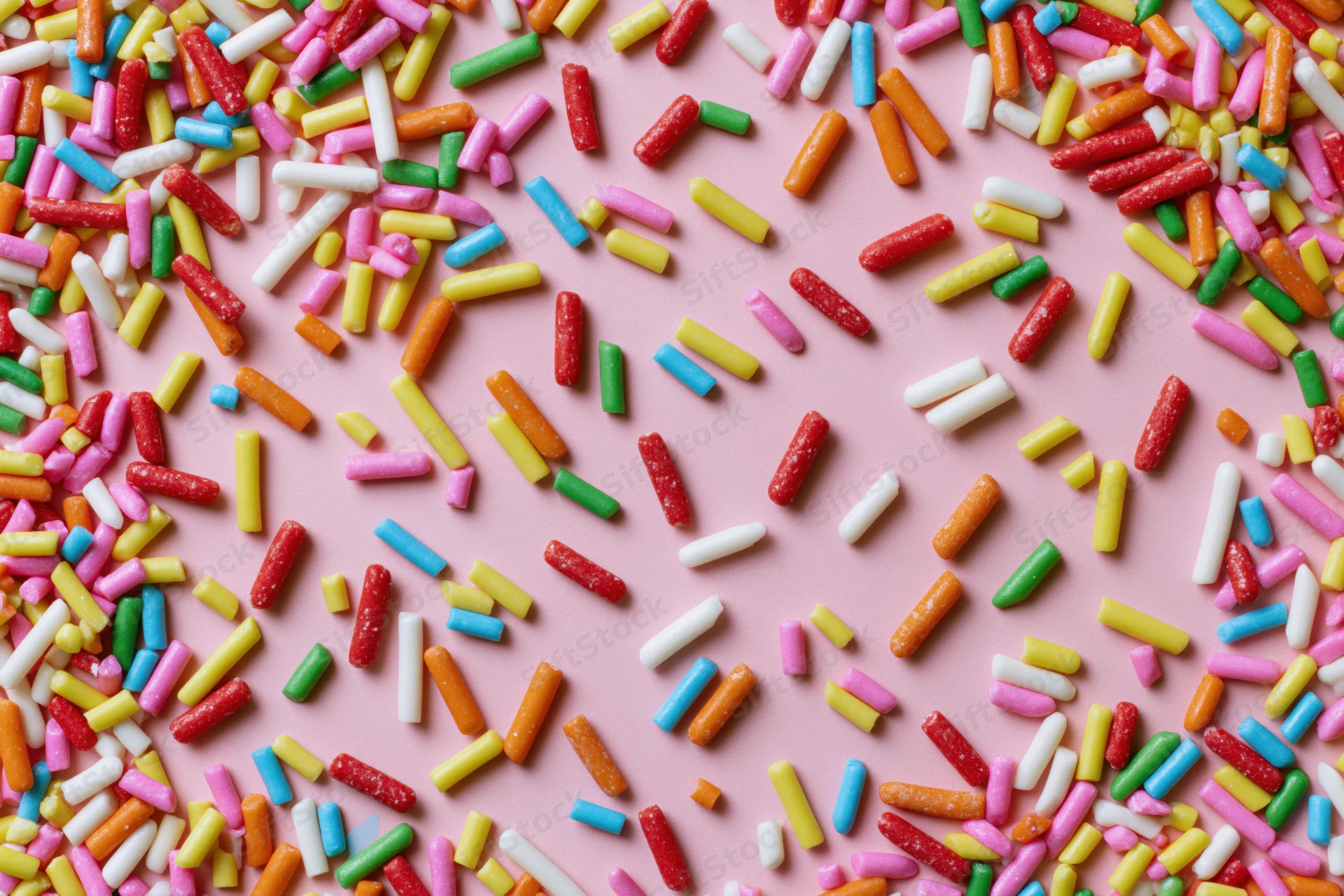 Colorful candy sprinkles scattered randomly across a flat pink surface