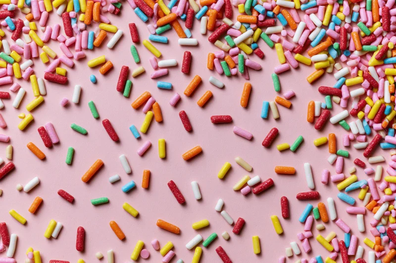 Colorful candy sprinkles scattered randomly across a flat pink surface
