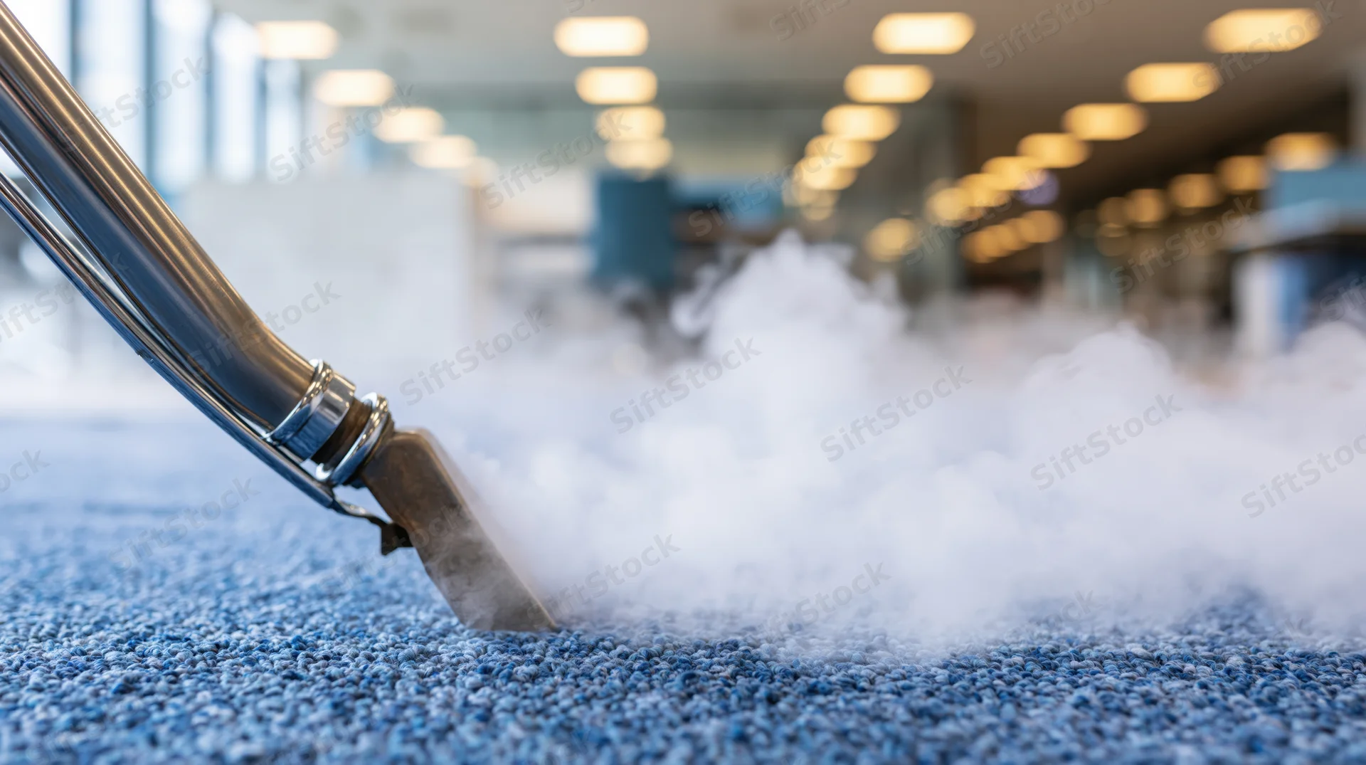 Steam cleaning wand releasing vapor on blue commercial carpet in office interior