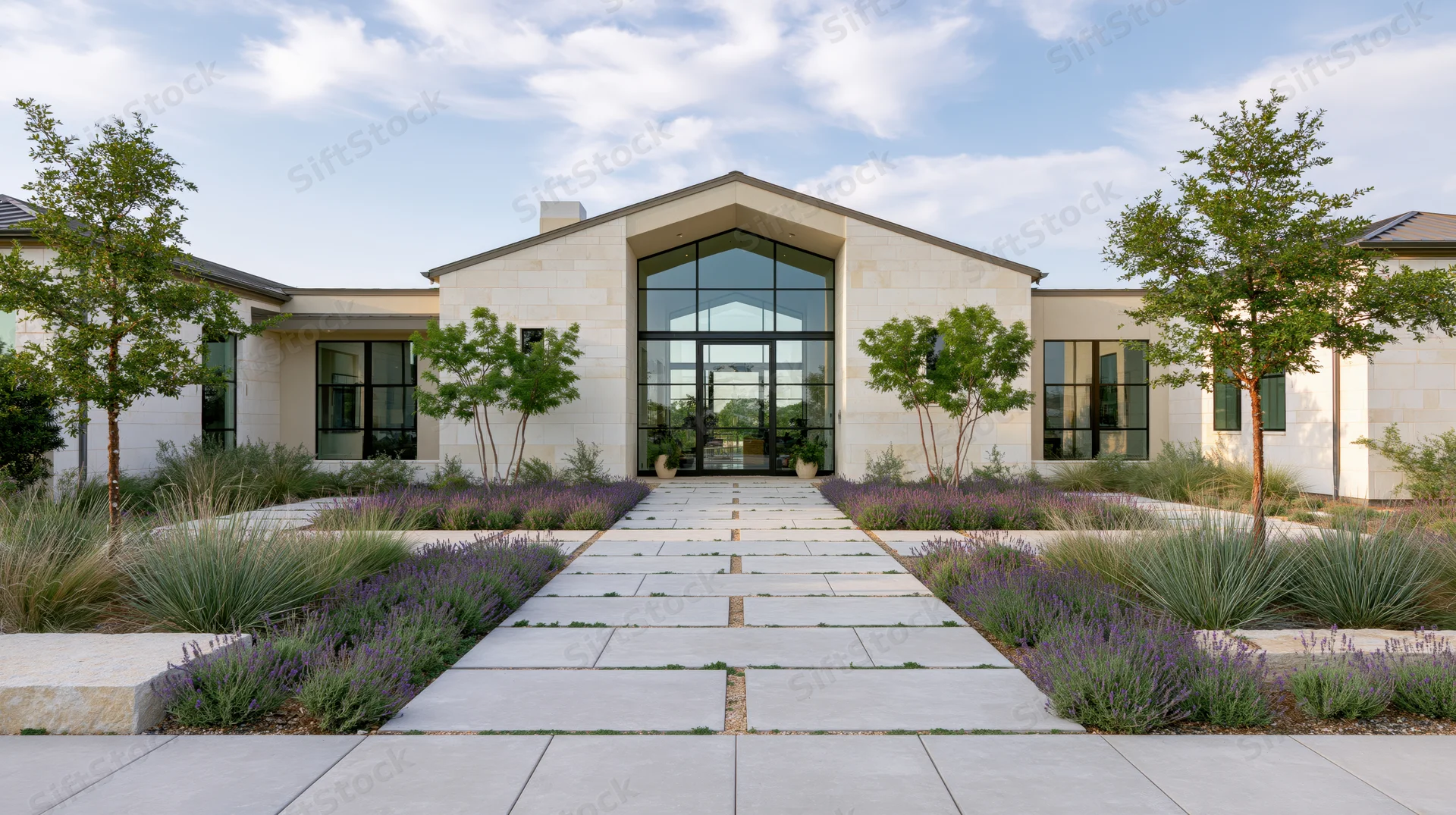Modern single-story residence with stone pathway and lavender landscaping leading to glass entrance