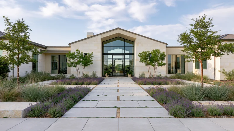 Modern single-story residence with stone pathway and lavender landscaping leading to glass entrance