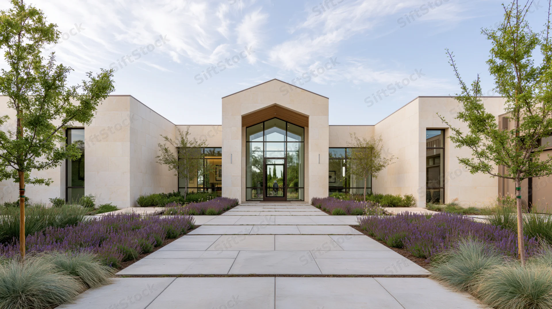 Modern single-story residence with a central glass entrance and stone pathway flanked by lavender and trees