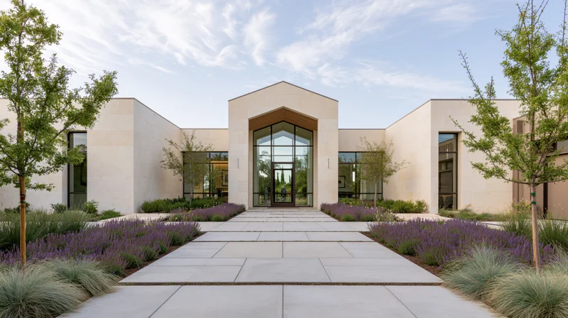 Modern single-story residence with a central glass entrance and stone pathway flanked by lavender and trees