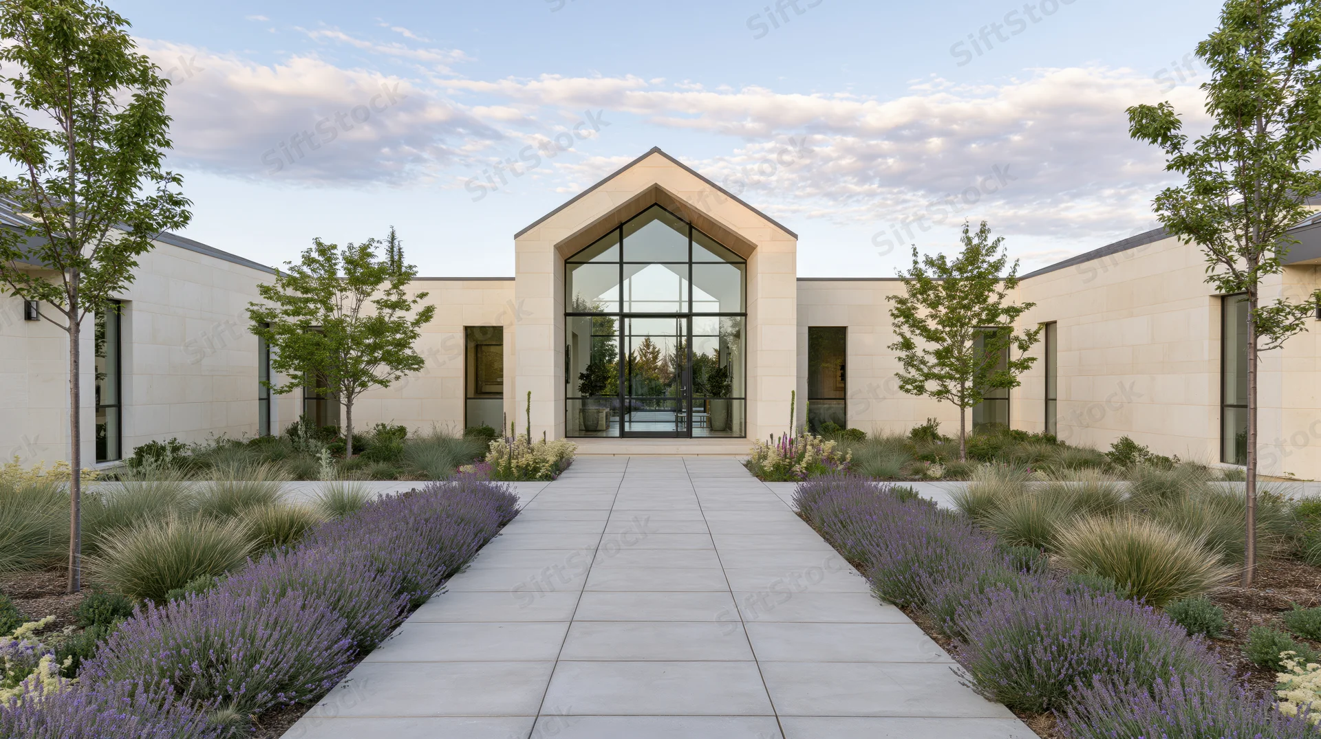 Modern single-story residence with a peaked glass entrance and lavender-lined stone pathway leading to the front door