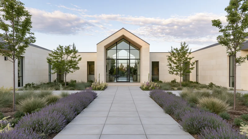 Modern single-story residence with a peaked glass entrance and lavender-lined stone pathway leading to the front door