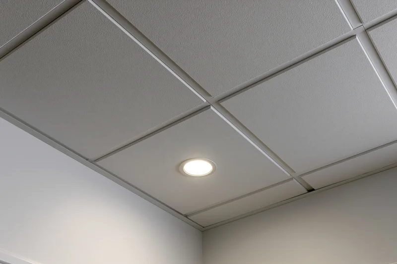 Corner junction of a modern office drop ceiling with recessed light fixture