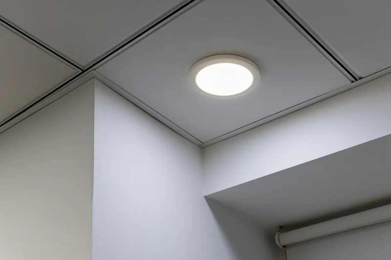 Recessed circular light fixture in a modern office ceiling corner