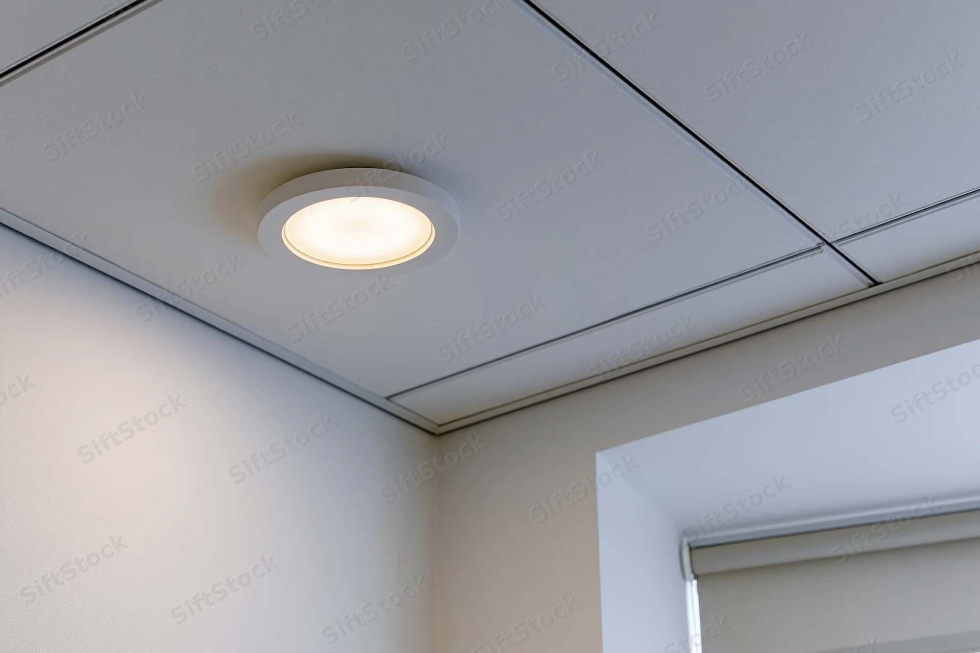 Recessed circular light fixture in a modern office ceiling corner