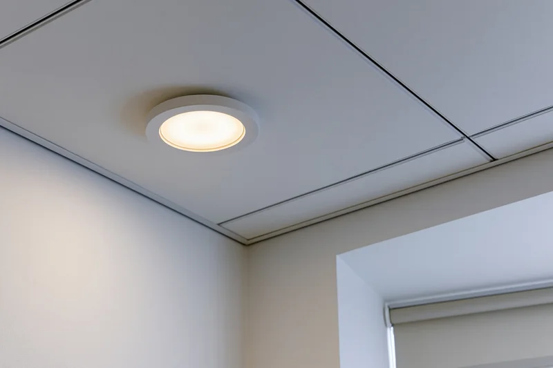 Recessed circular light fixture in a modern office ceiling corner