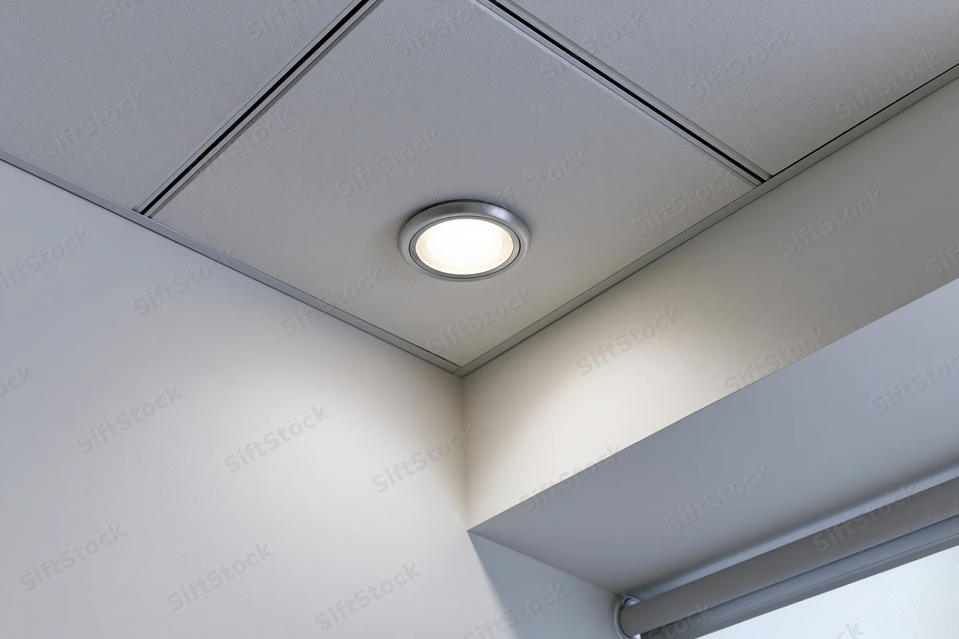 Recessed circular light fixture in a modern office ceiling corner