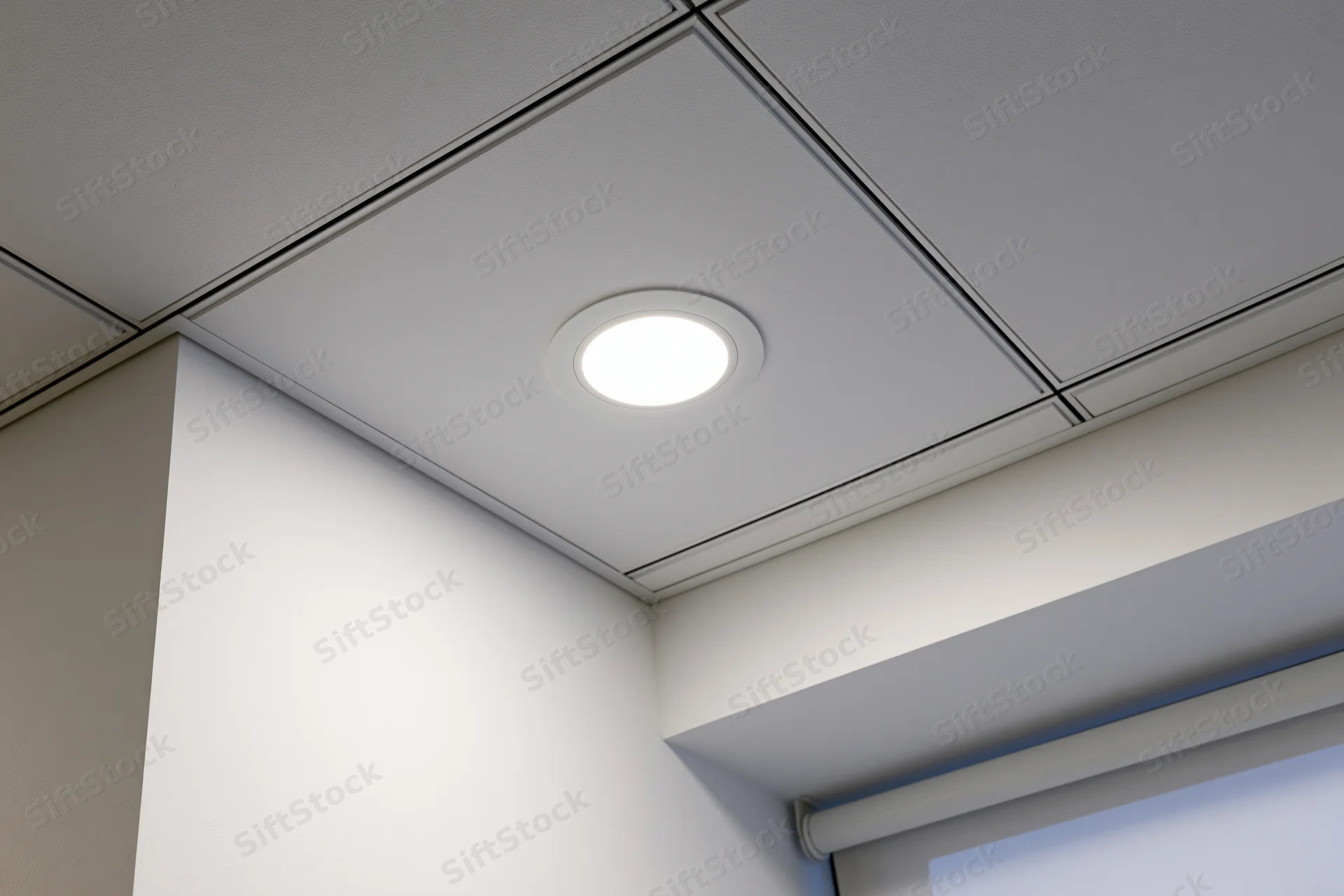 Recessed ceiling light in a modern office corner with white panels and a window blind